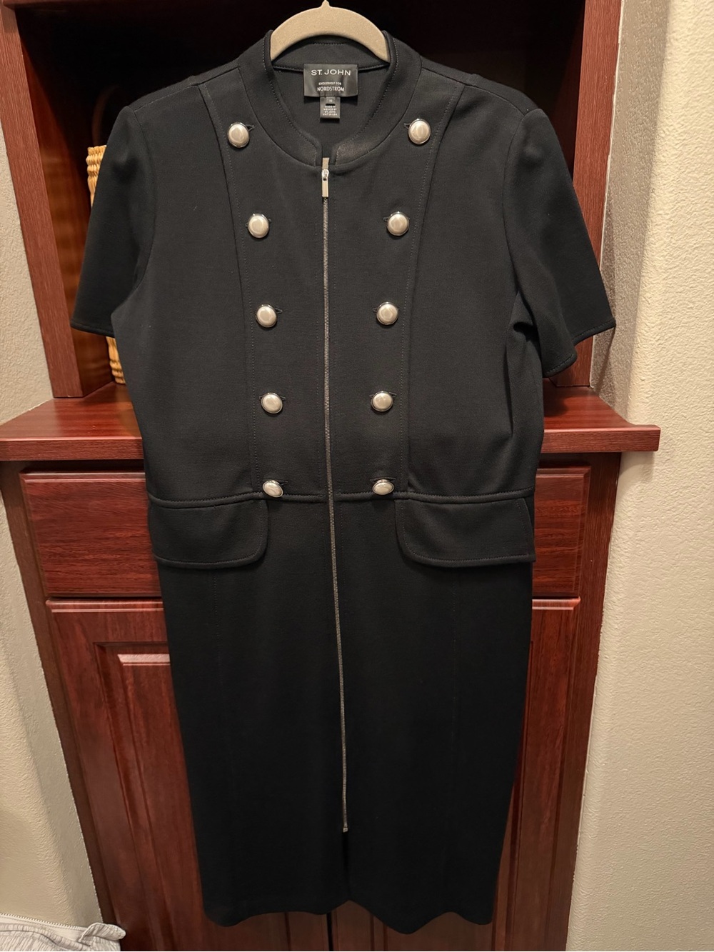 St. John Black Short-Sleeve Zip-Front Military-Style Midi Dress
